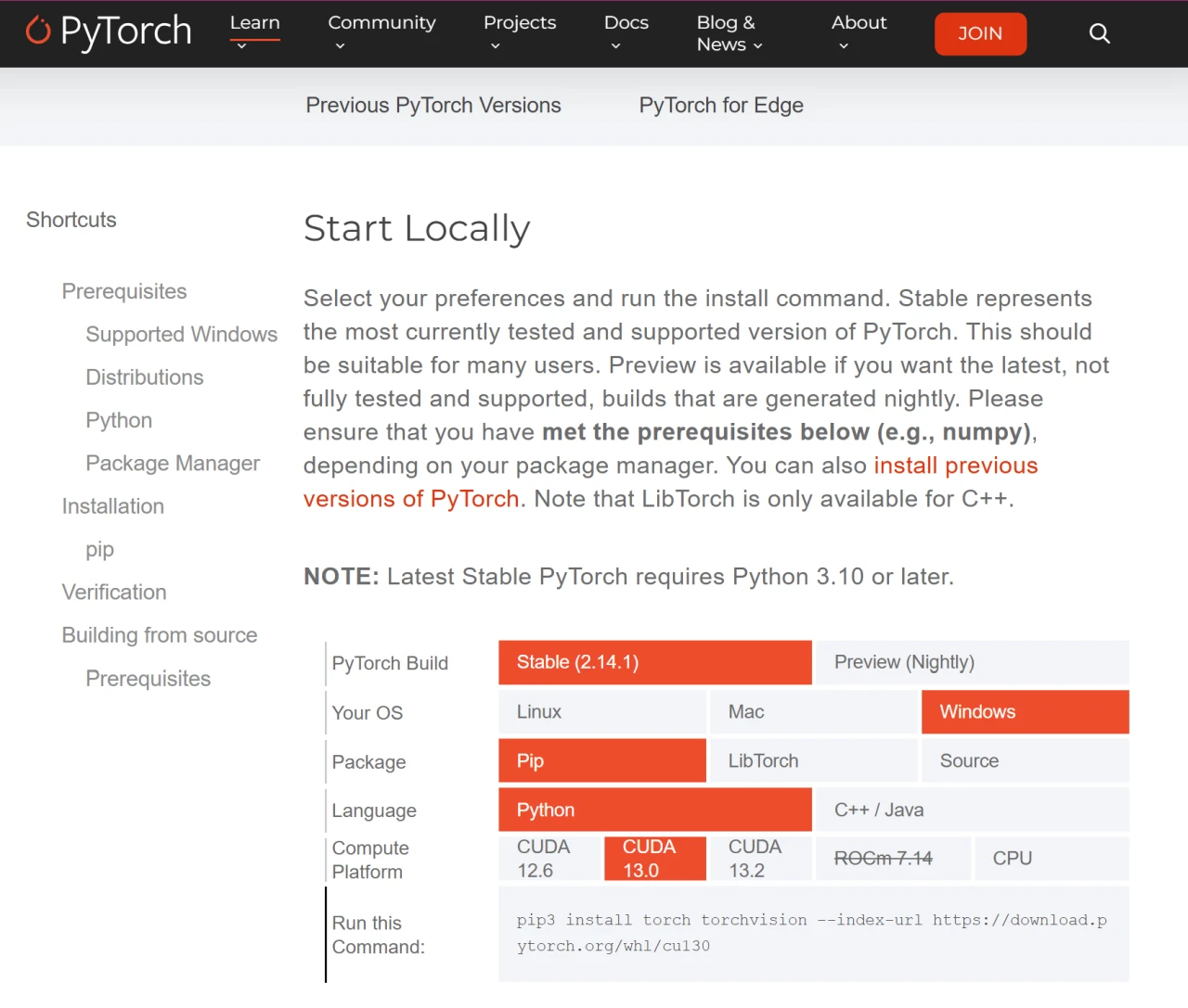 PyTorch 的下载页面